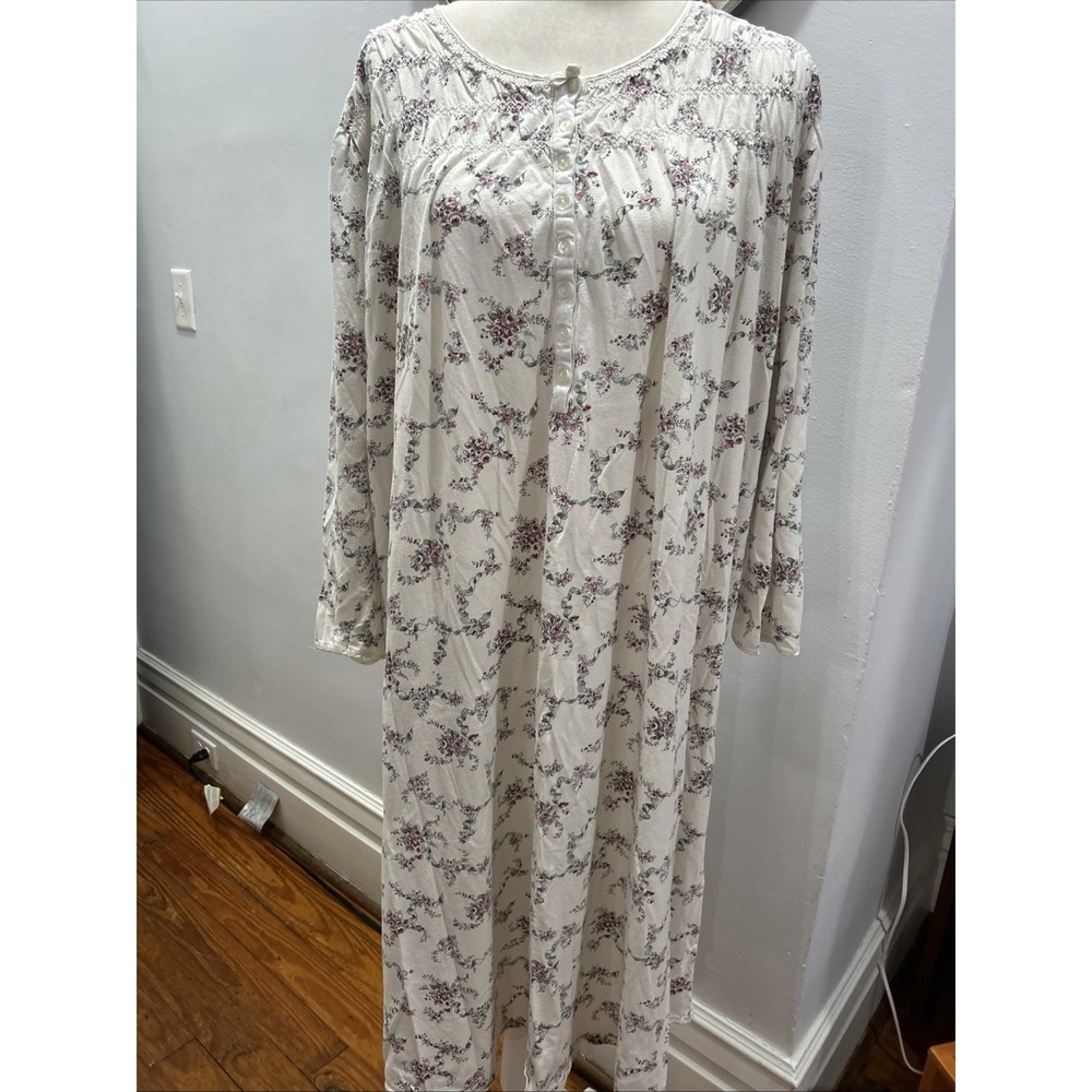 ARIA Night Gown Beige Floral Long Sleeve Soft Cozy  Size XL Vintage